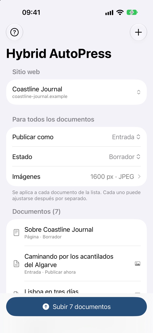 Hybrid AutoPress en el iPhone: la lista de documentos con el botón «Subir 7 documentos».