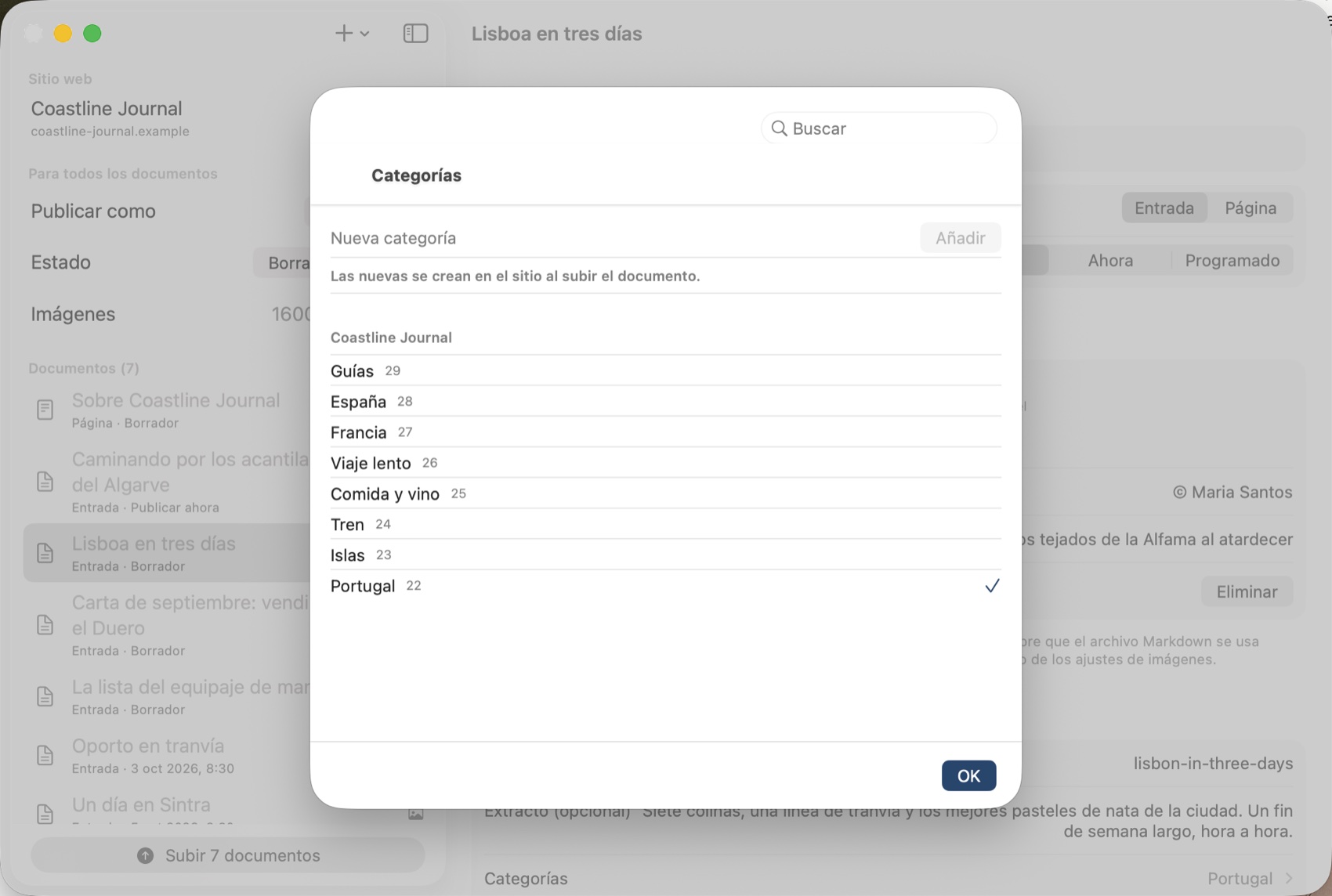 El selector de categorías en el Mac: las categorías del sitio con sus recuentos, la nueva categoría «Portugal» marcada, un campo de búsqueda arriba.
