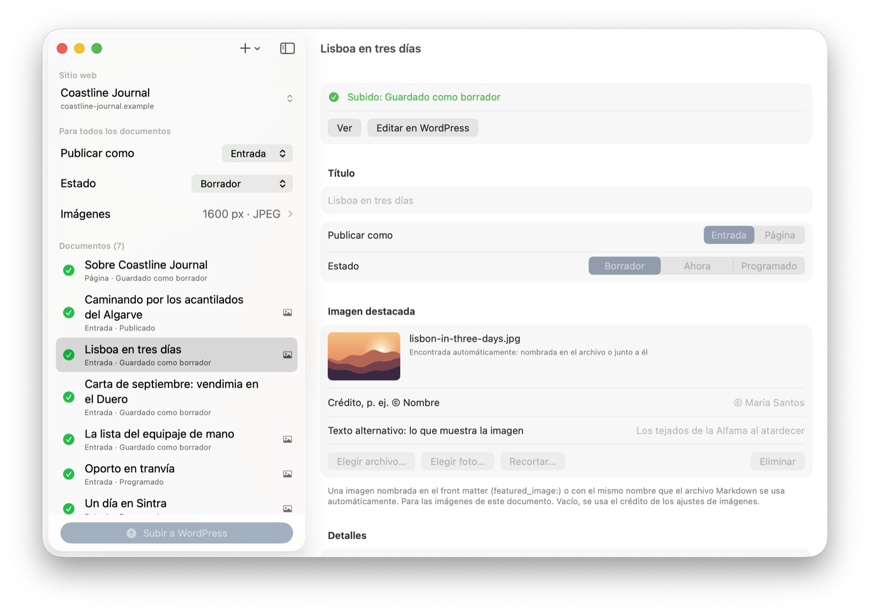 Los siete documentos llevan una marca verde; el seleccionado ofrece «Ver» y «Editar en WordPress».