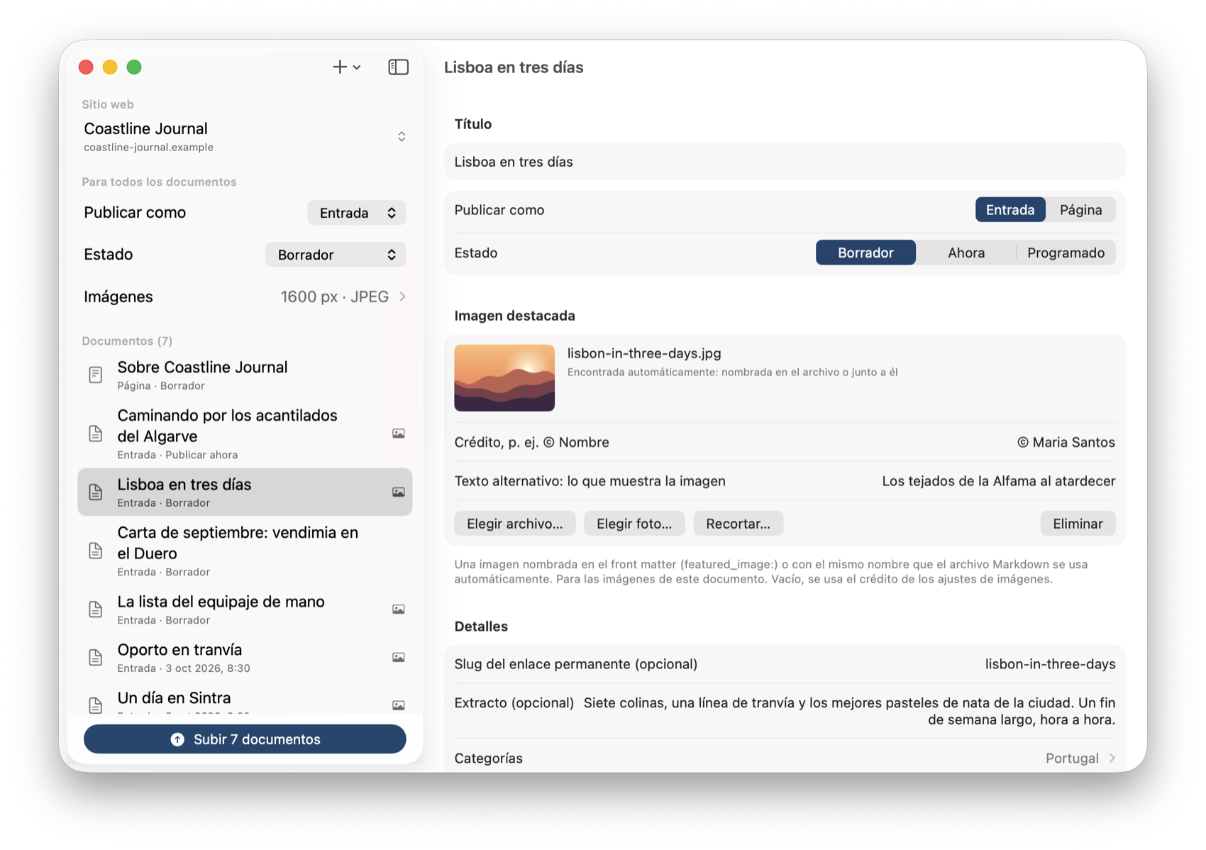 Hybrid AutoPress en el Mac: siete documentos Markdown en la lista, la entrada «Lisboa en tres días» con su imagen destacada, crédito, texto alternativo, slug, extracto y categorías.