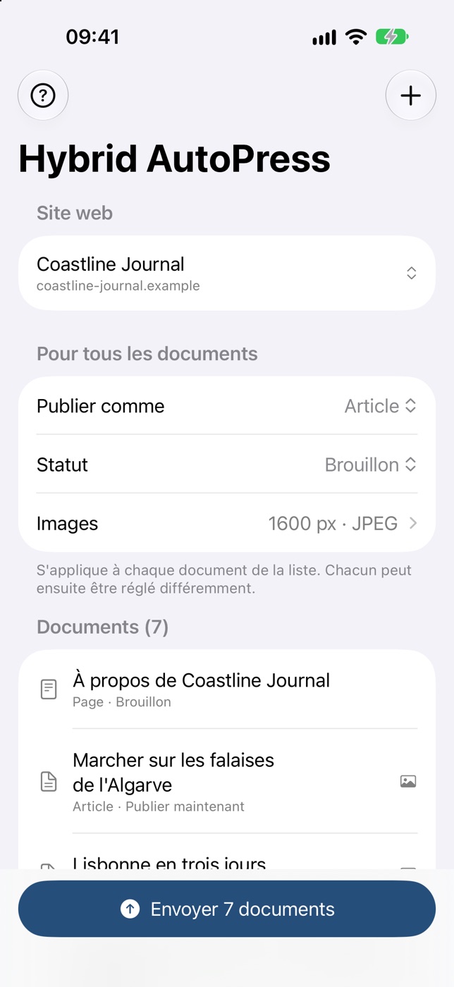 Hybrid AutoPress sur iPhone : la liste des documents avec le bouton « Envoyer 7 documents ».