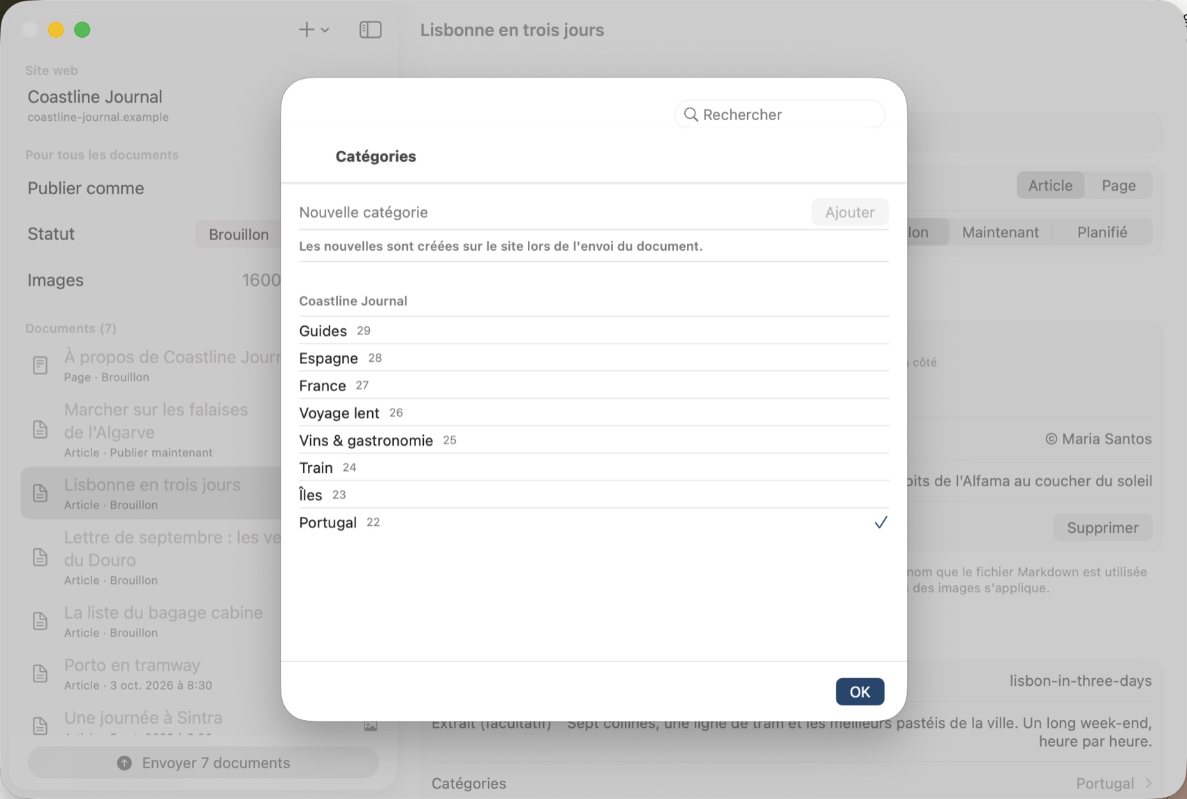 Le sélecteur de catégories sur Mac : les catégories du site avec leurs compteurs, la nouvelle catégorie « Portugal » cochée, un champ de recherche en haut.