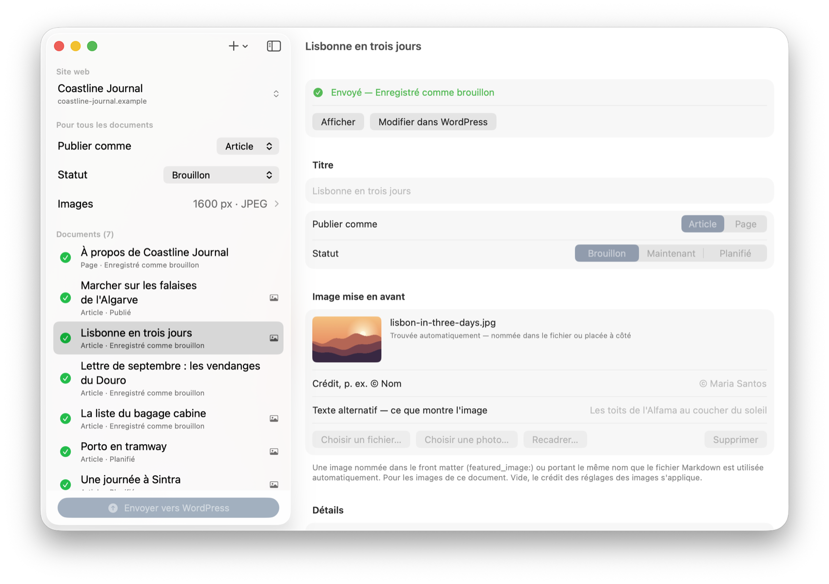 Les sept documents portent une coche verte ; celui qui est sélectionné propose « Afficher » et « Modifier dans WordPress ».