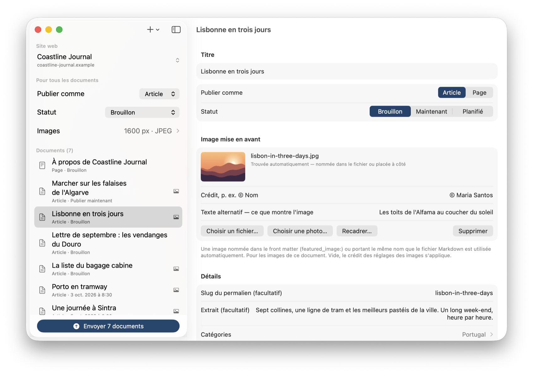 Hybrid AutoPress sur Mac : sept documents Markdown dans la liste, l'article « Lisbonne en trois jours » avec son image mise en avant, son crédit, son texte alternatif, son slug, son extrait et ses catégories.
