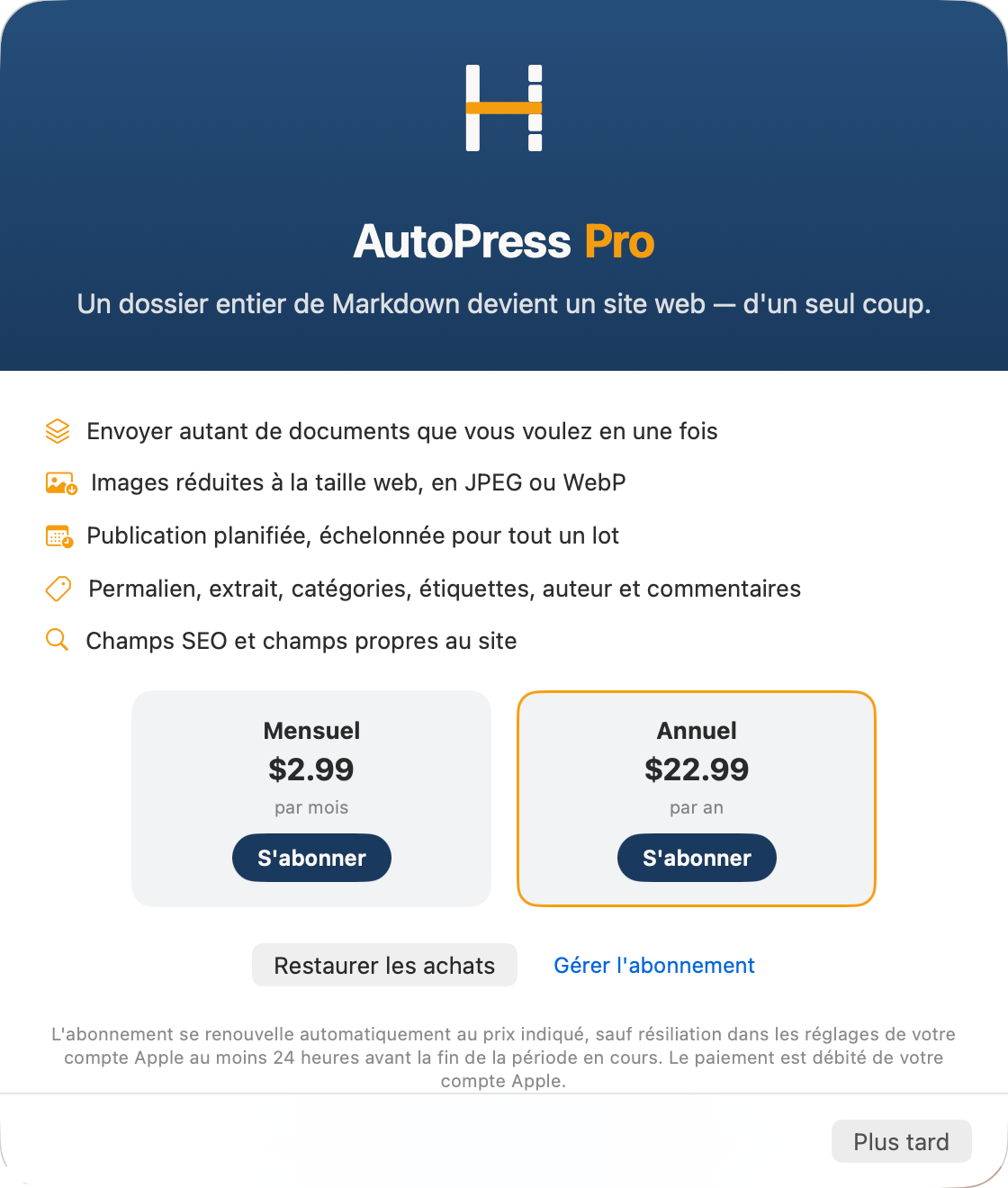 La fenêtre Pro sur Mac : les cinq fonctions Pro, les formules mensuelle et annuelle, Restaurer les achats et Gérer l'abonnement.
