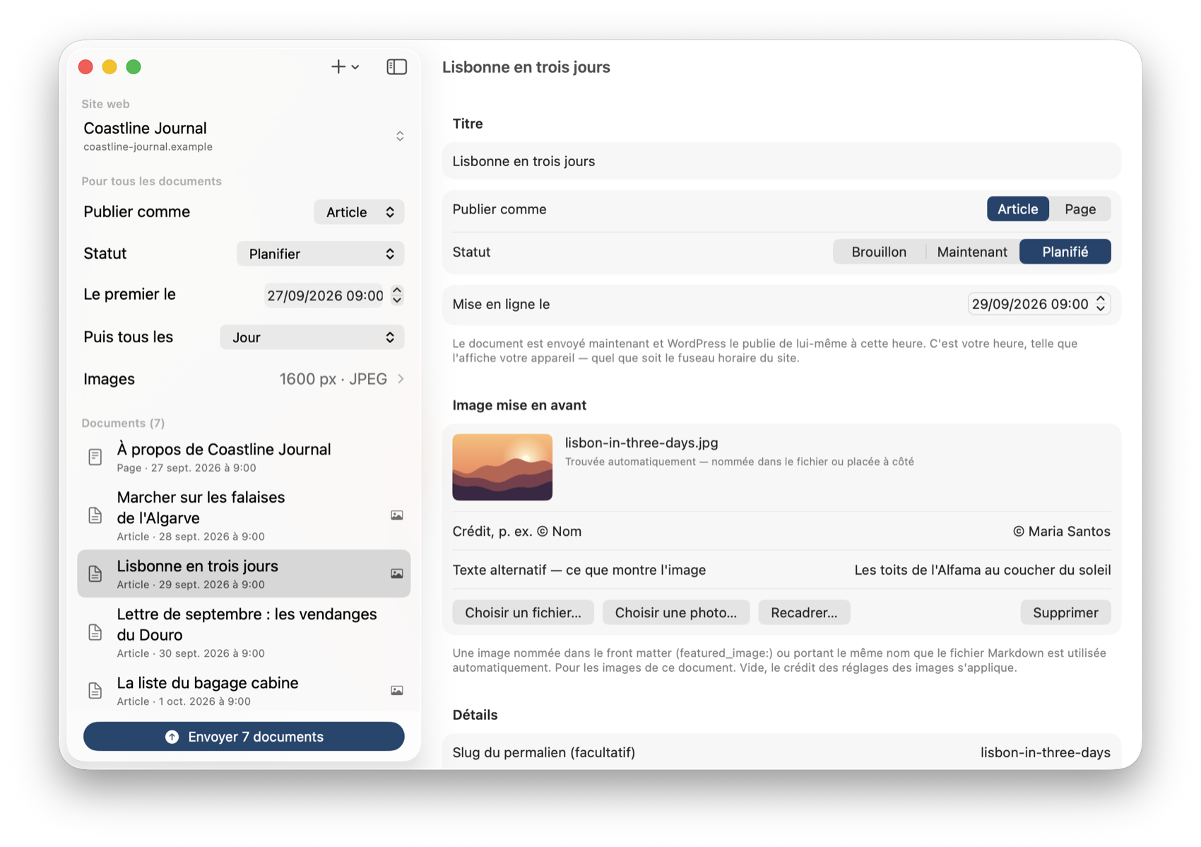 Tous les documents réglés sur Planifier, échelonnés d'un jour, avec les dates affichées dans la liste.