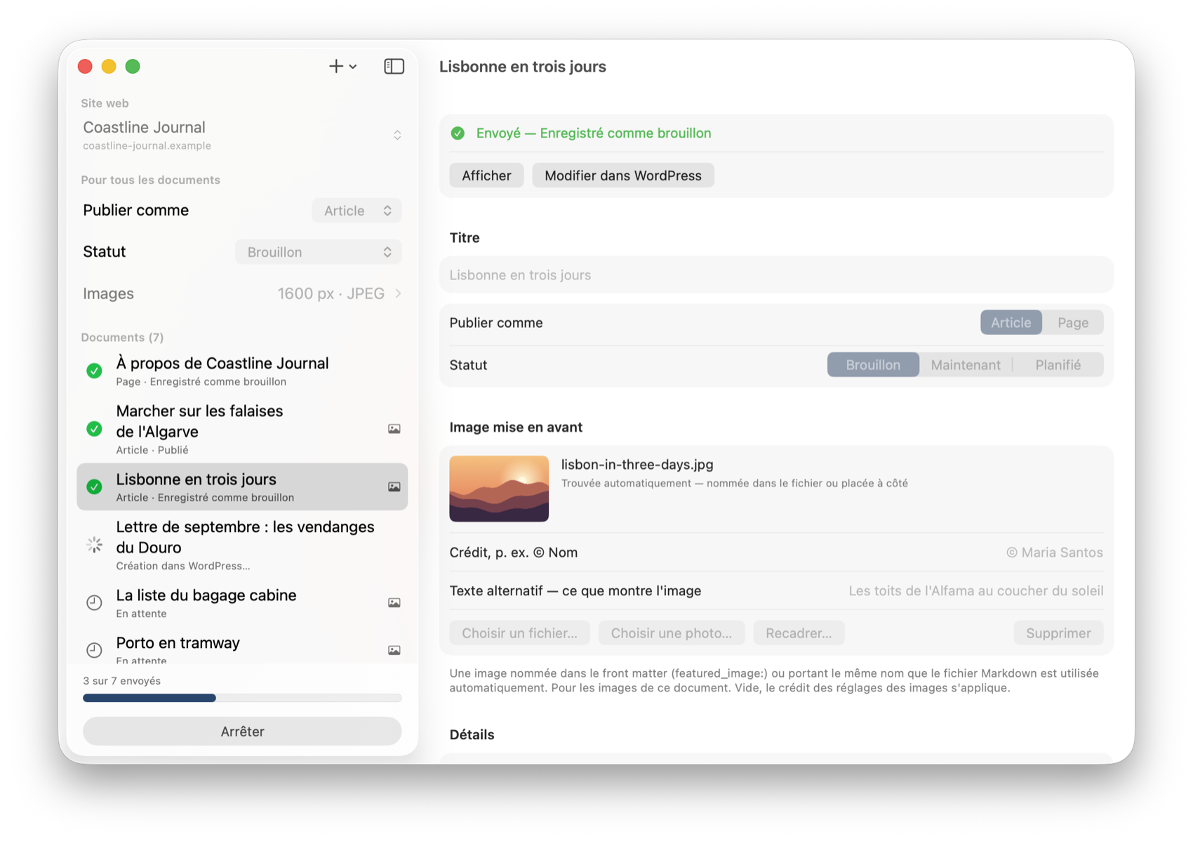 Un envoi en cours : trois documents sur sept sont terminés, un est en cours de création dans WordPress, les autres attendent.