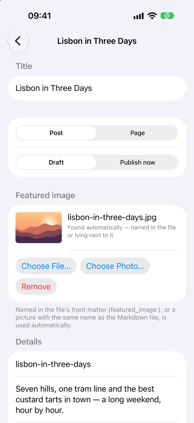 Hybrid AutoPress on the iPhone: a post with its automatically found featured image, slug and excerpt.