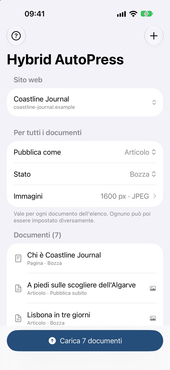 Hybrid AutoPress sull'iPhone: l'elenco dei documenti con il pulsante “Carica 7 documenti”.