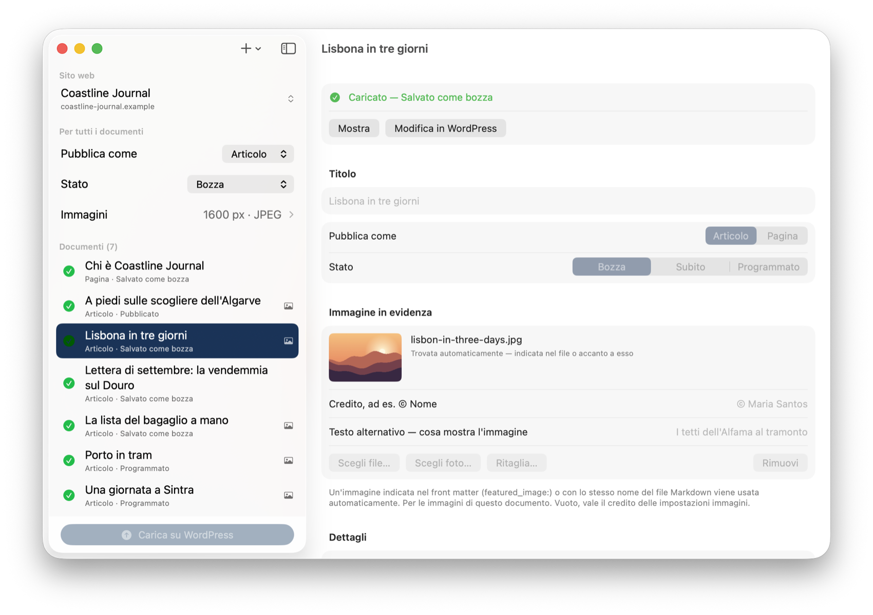 Tutti e sette i documenti hanno un segno di spunta verde; quello selezionato offre “Mostra” e “Modifica in WordPress”.