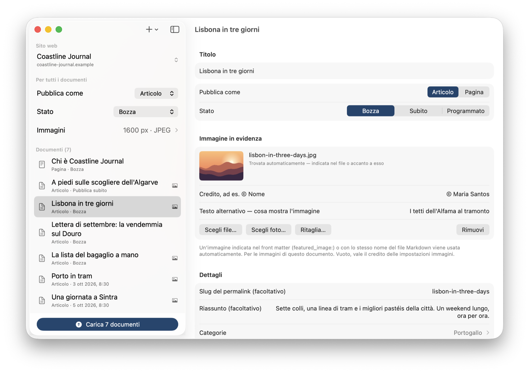 Hybrid AutoPress sul Mac: sette documenti Markdown nell'elenco, l'articolo “Lisbona in tre giorni” con immagine in evidenza, credito, testo alternativo, slug, riassunto e categorie.