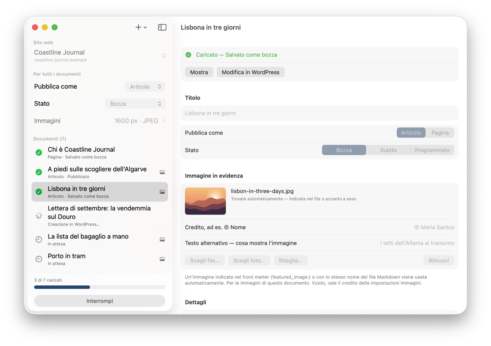 Un caricamento in corso: tre documenti su sette sono pronti, uno viene creato in WordPress, gli altri aspettano.