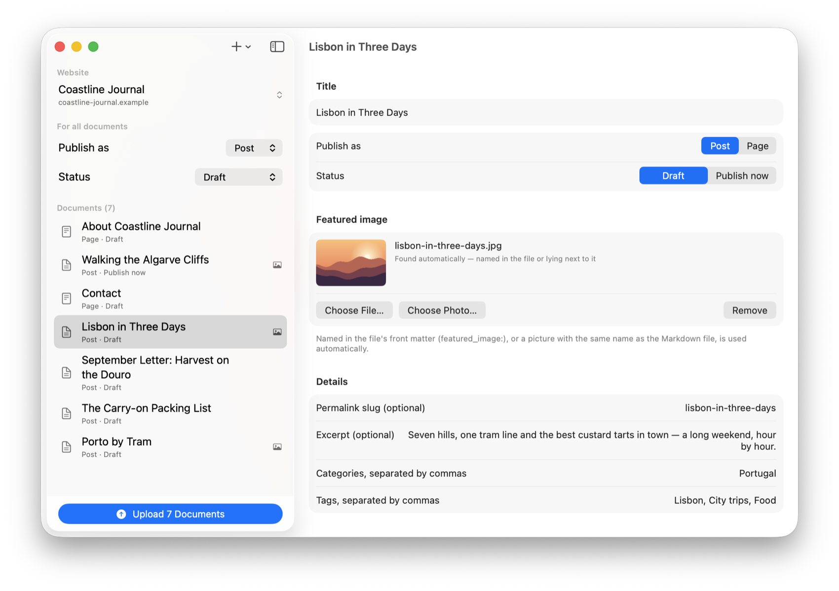 Hybrid AutoPress on the Mac: seven Markdown documents in the list, the post “Lisbon in Three Days” with its featured image, slug, excerpt, categories and tags.