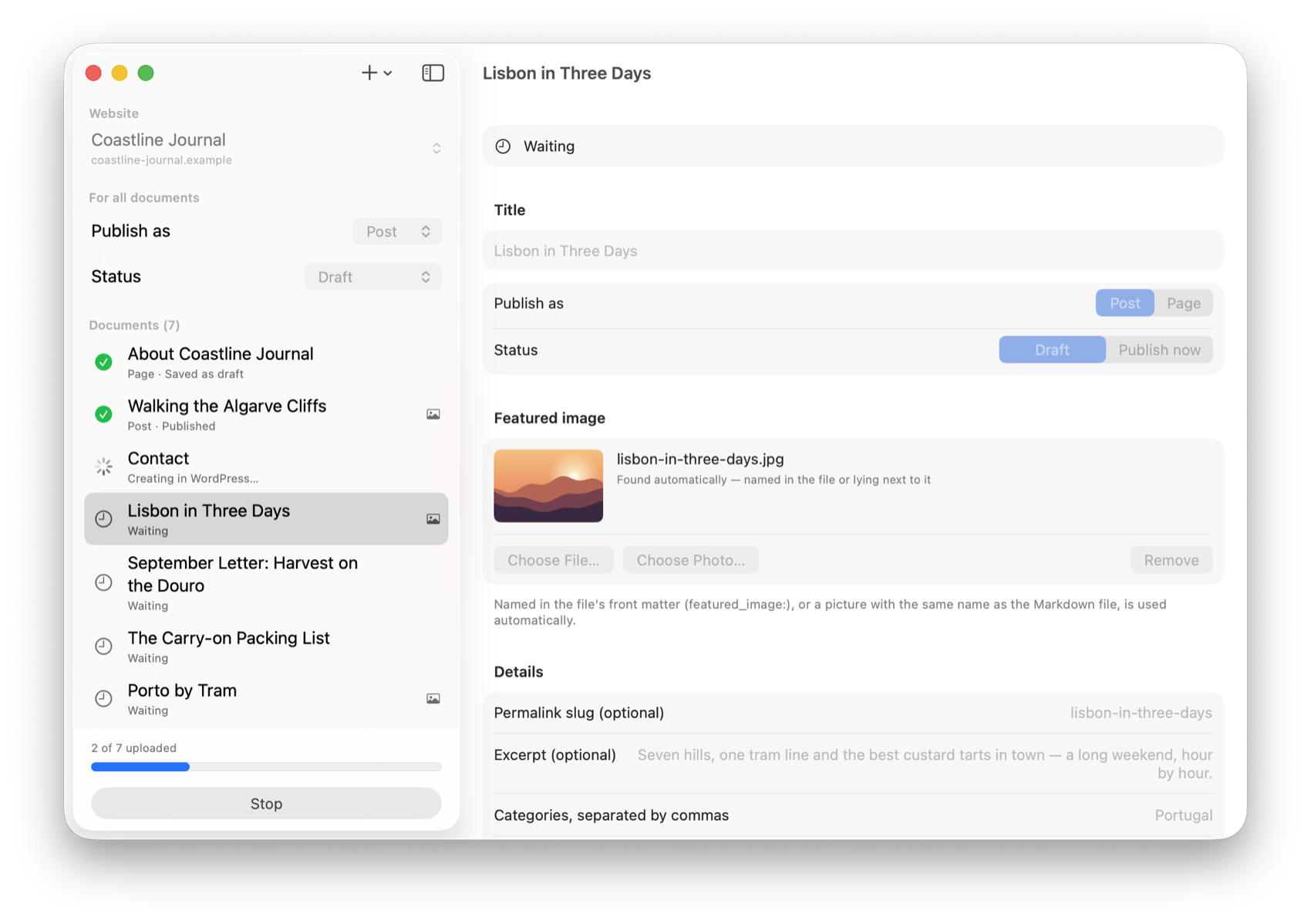 An upload in progress: two of seven documents are done, one is being created in WordPress, the rest are waiting.