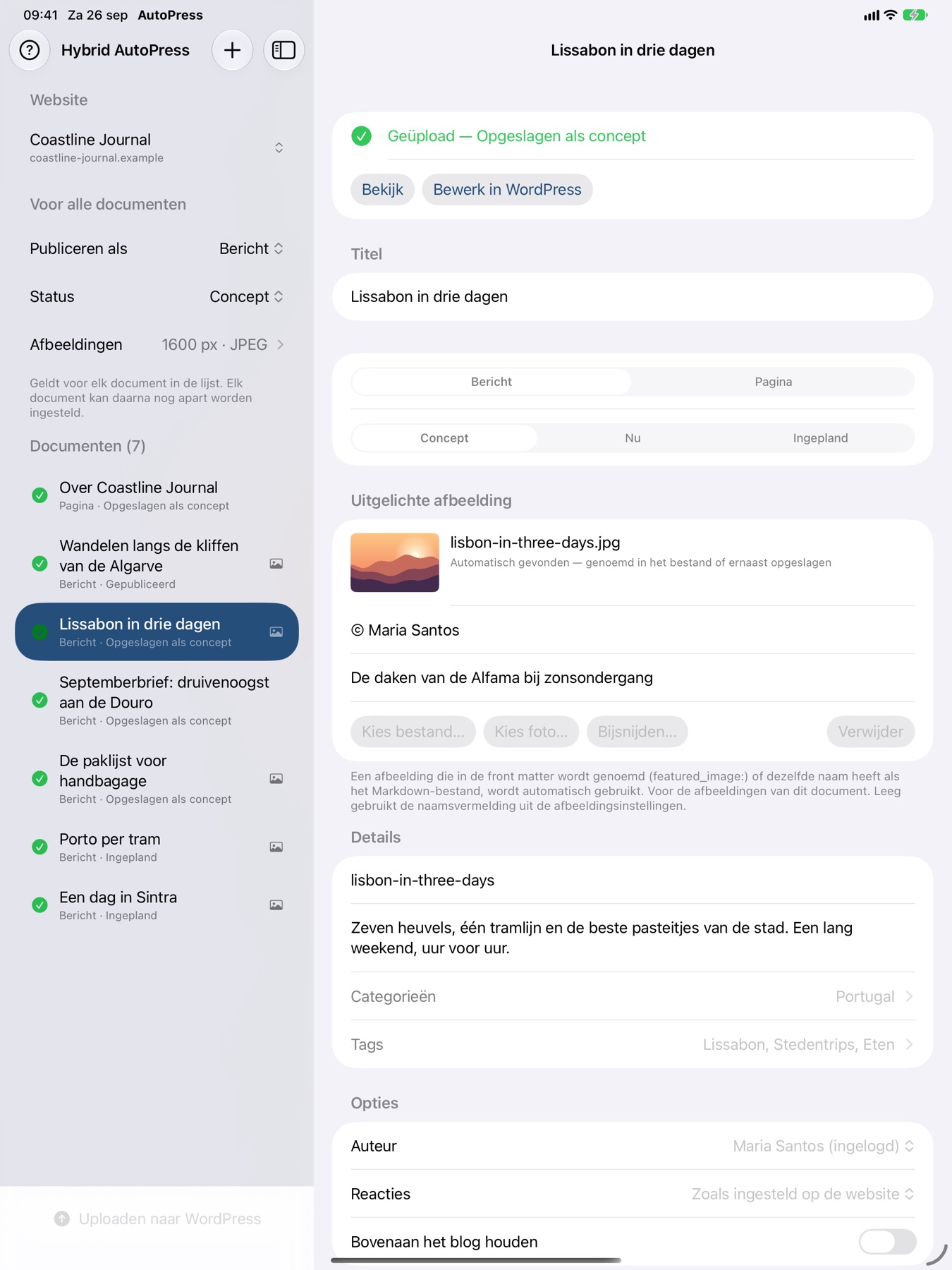 Hybrid AutoPress op de iPad: alle zeven documenten geüpload, het geselecteerde bericht opgeslagen als concept.