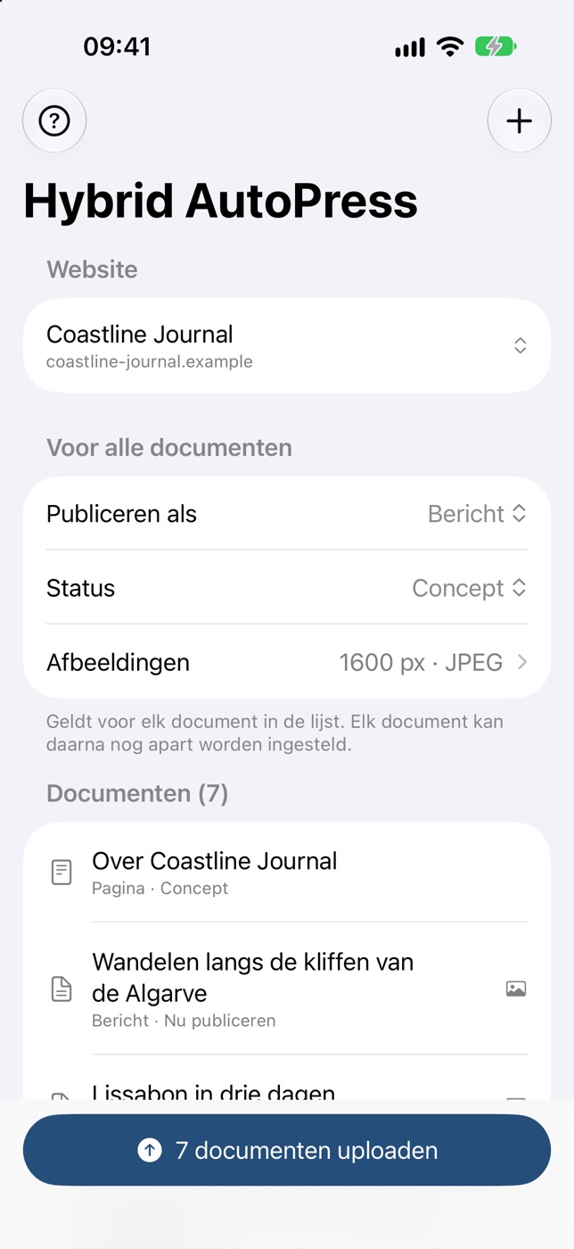 Hybrid AutoPress op de iPhone: de documentenlijst met de knop ‘7 documenten uploaden’.