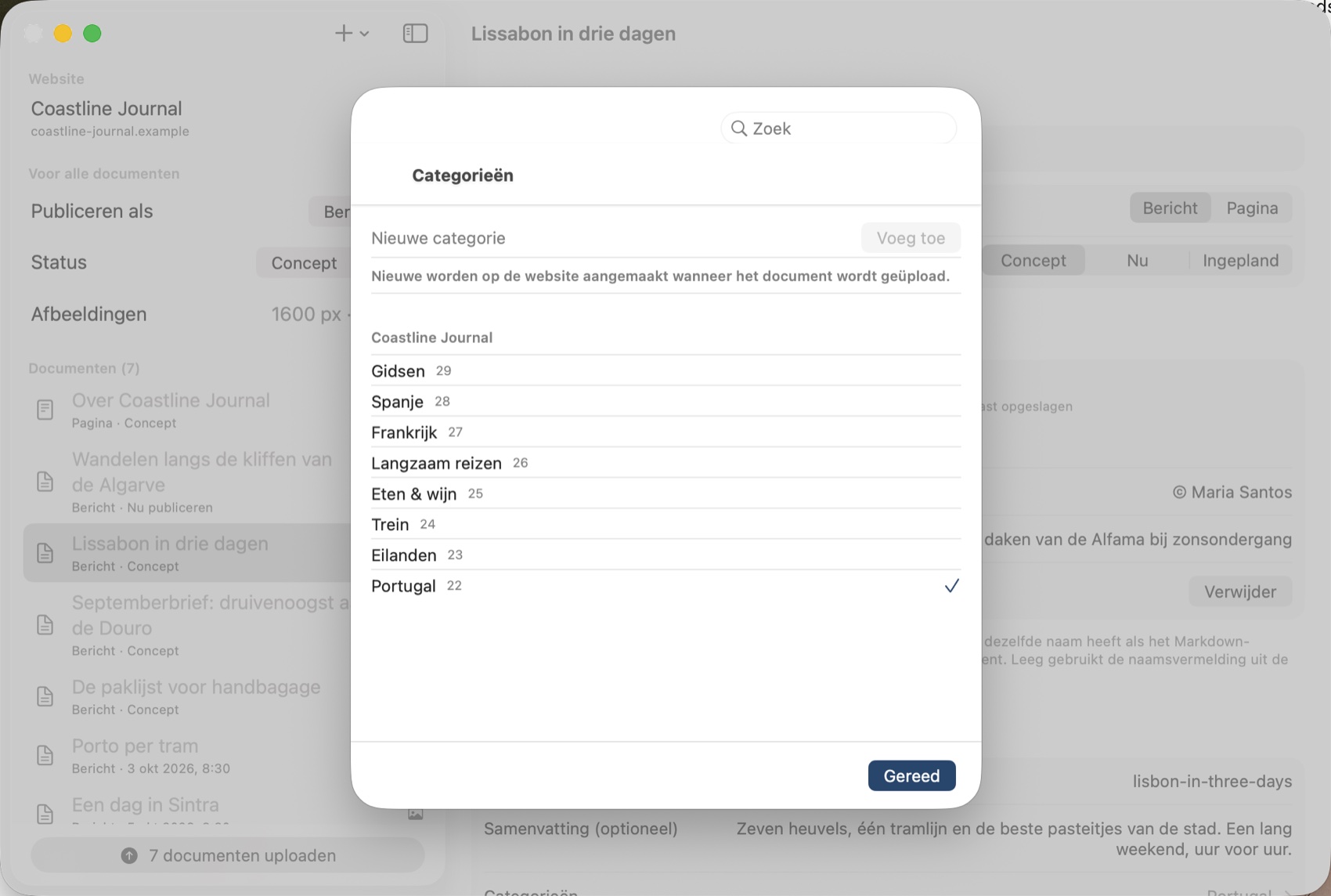 De categoriekiezer op de Mac: de categorieën van de site met hun aantallen, de nieuwe categorie ‘Portugal’ aangevinkt, bovenaan een zoekveld.