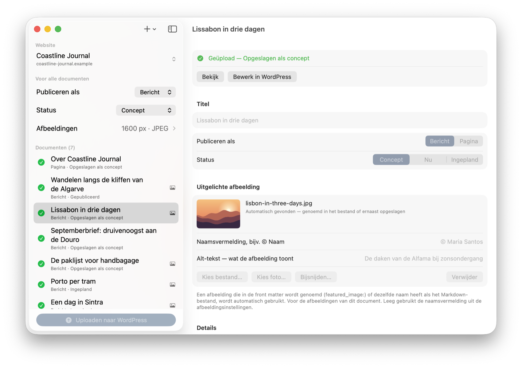 Alle zeven documenten hebben een groen vinkje; het geselecteerde biedt ‘Bekijk’ en ‘Bewerk in WordPress’.