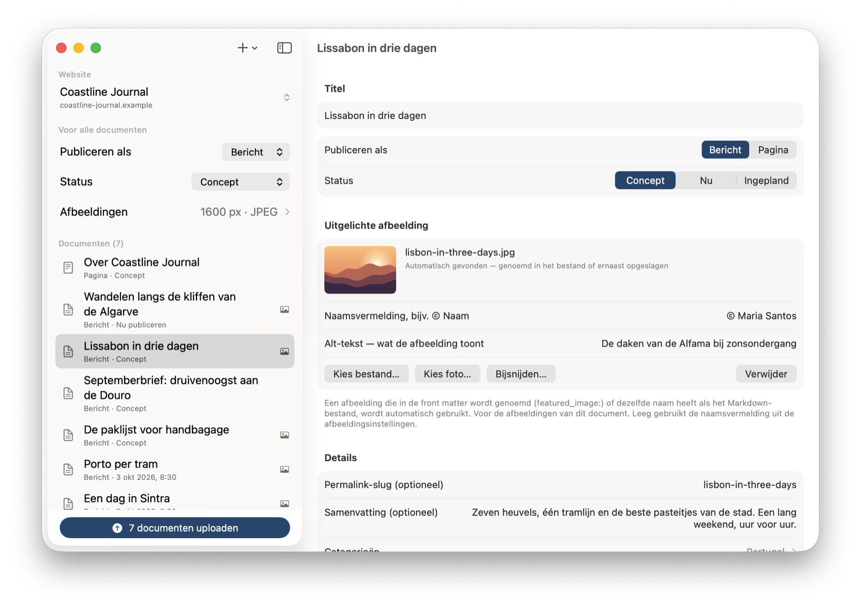 Hybrid AutoPress op de Mac: zeven Markdown-documenten in de lijst, het bericht ‘Lissabon in drie dagen’ met uitgelichte afbeelding, naamsvermelding, alt-tekst, slug, samenvatting en categorieën.
