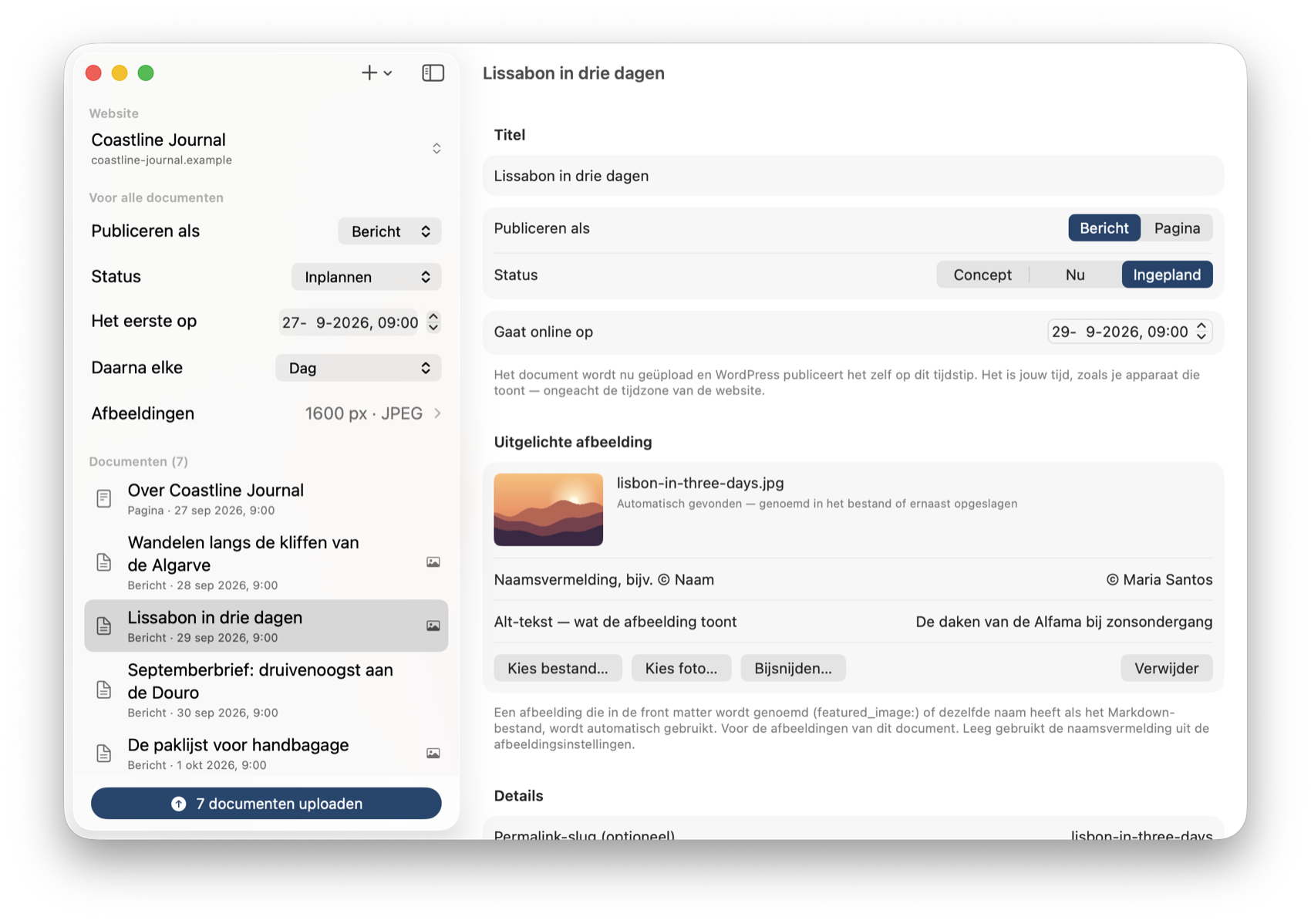Alle documenten op Inplannen, gespreid met een dag ertussen, met de datums in de lijst.
