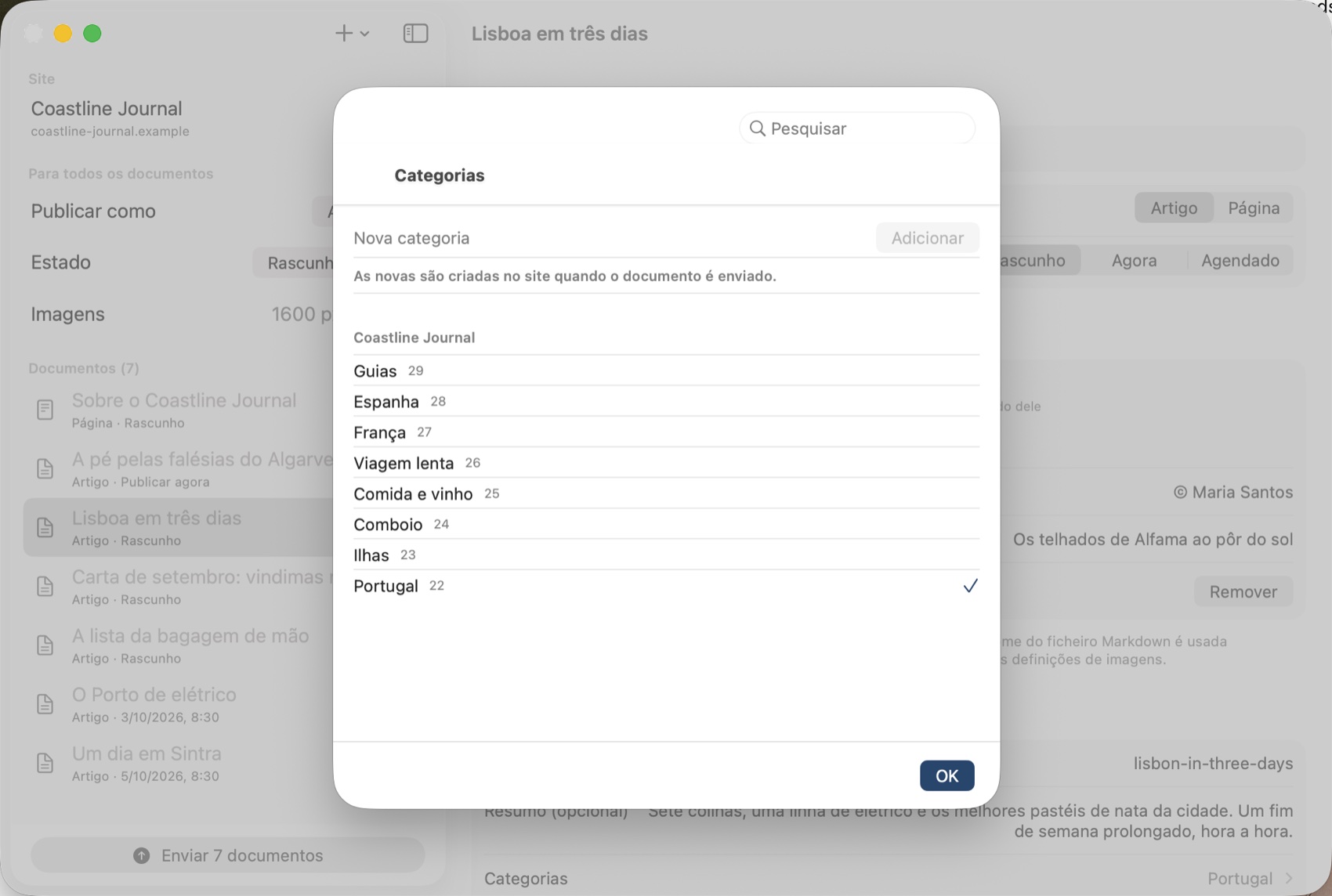 O seletor de categorias no Mac: as categorias do site com as contagens, a nova categoria «Portugal» assinalada, um campo de pesquisa no topo.