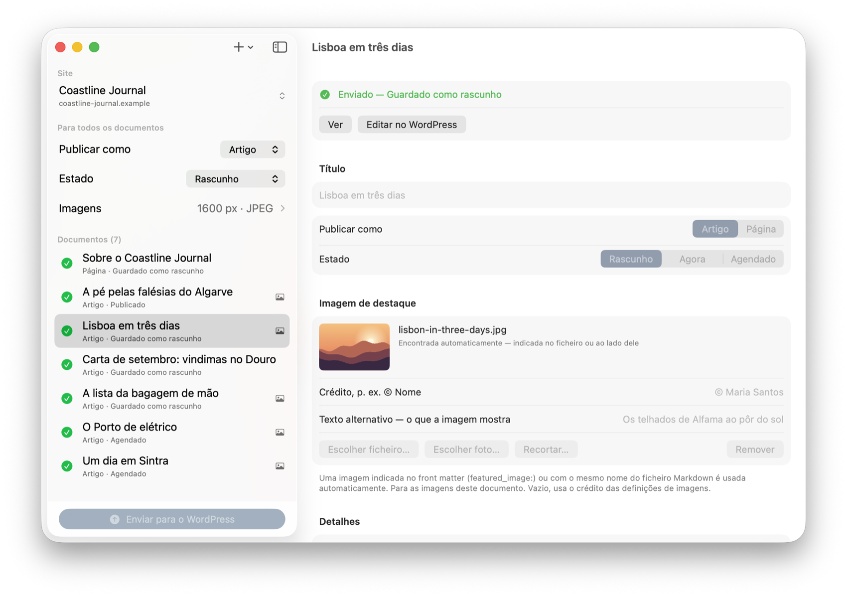 Os sete documentos têm um visto verde; o selecionado oferece «Ver» e «Editar no WordPress».