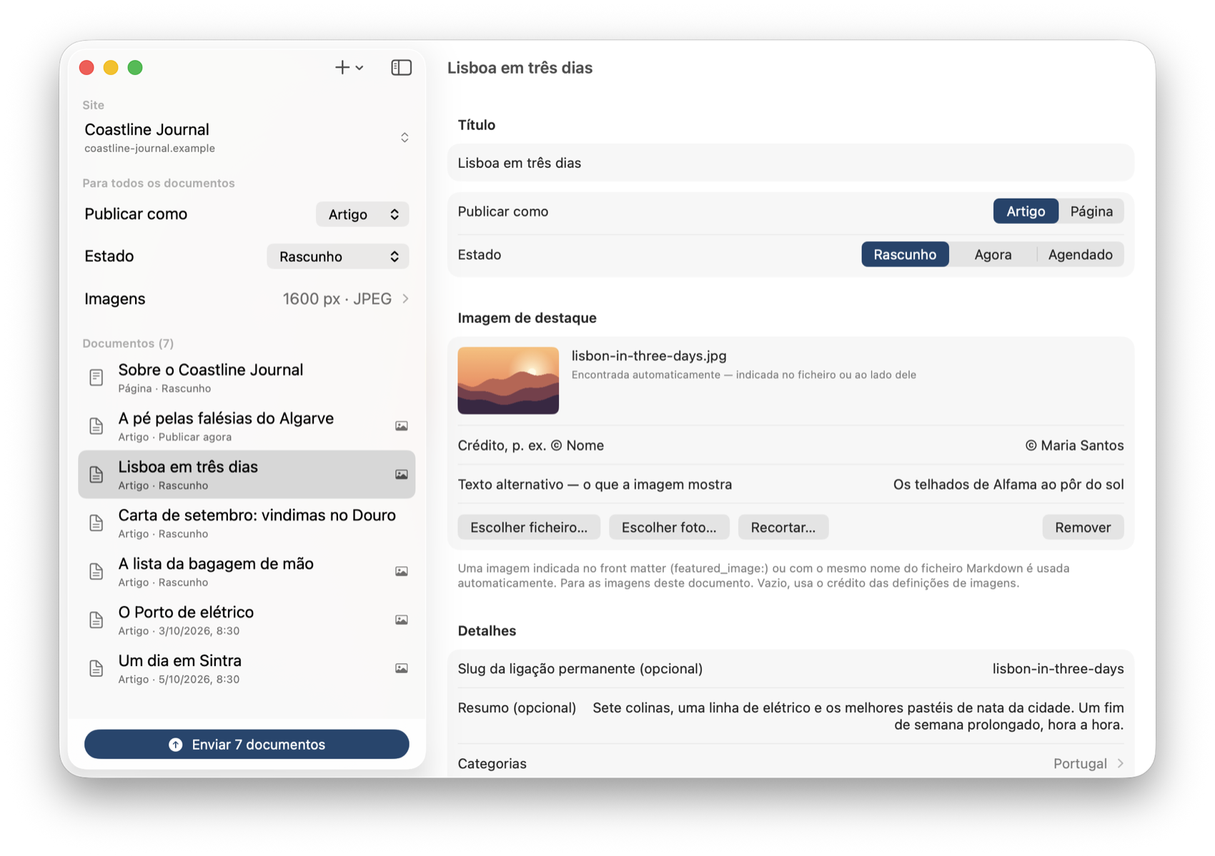 Hybrid AutoPress no Mac: sete documentos Markdown na lista, o artigo «Lisboa em três dias» com imagem de destaque, crédito, texto alternativo, slug, resumo e categorias.