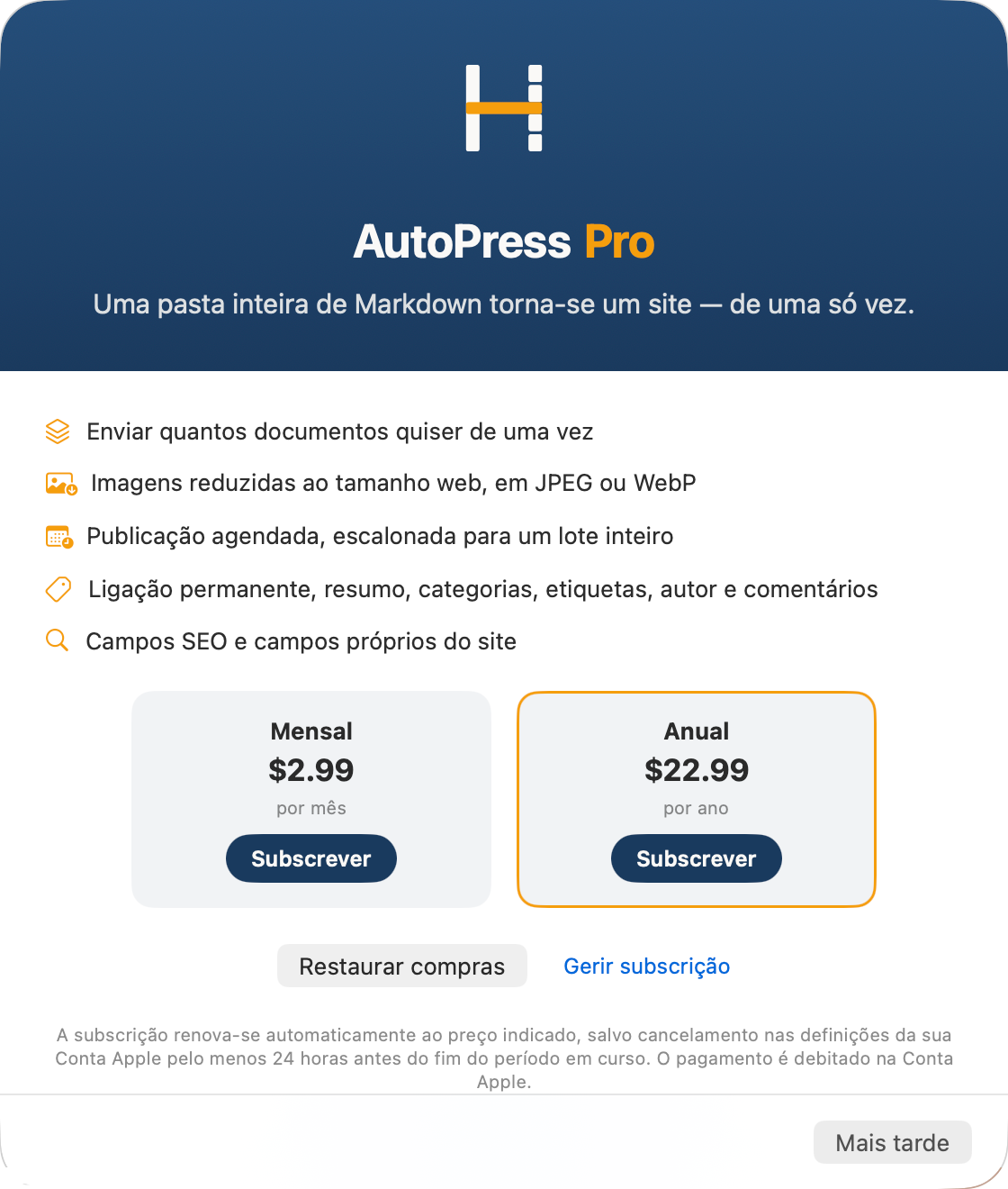 A janela Pro no Mac: as cinco funções Pro, os planos mensal e anual, Restaurar compras e Gerir subscrição.