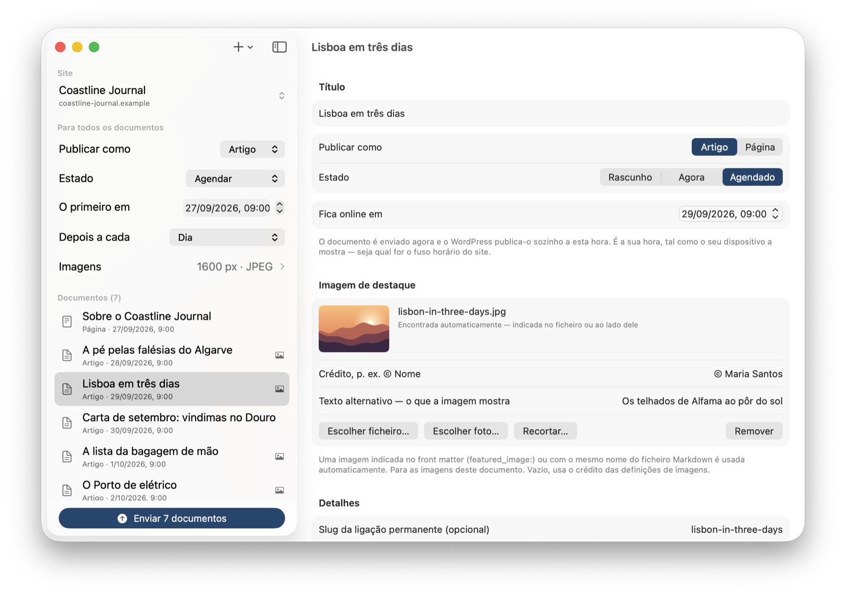 Todos os documentos em Agendar, escalonados com um dia de intervalo, com as datas na lista.