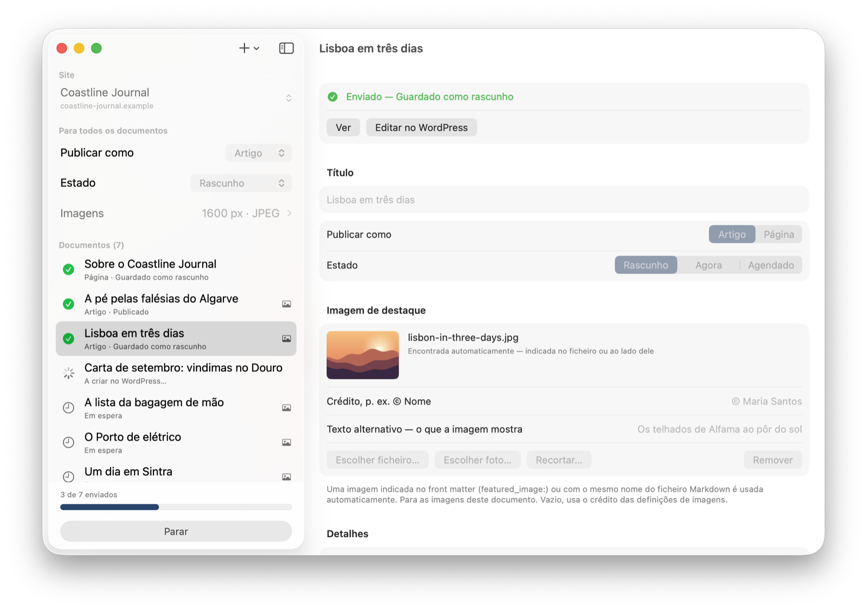 Um envio em curso: três de sete documentos prontos, um a ser criado no WordPress, os restantes à espera.