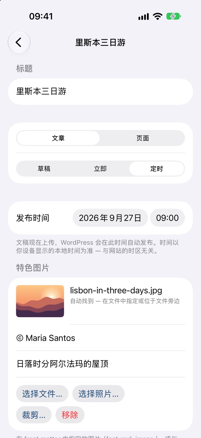 iPhone 上设为“定时”的文稿，“发布时间”字段带日期和时间。